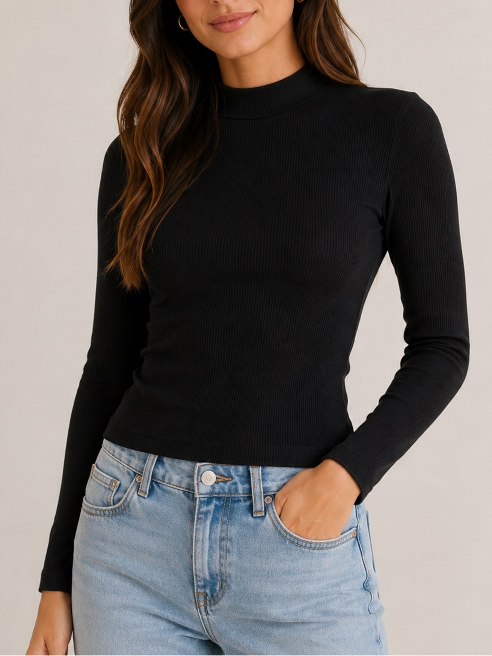 SHEIN Ribbed Mock Neck Long Sleeve Fitted Stretch Top Black XS